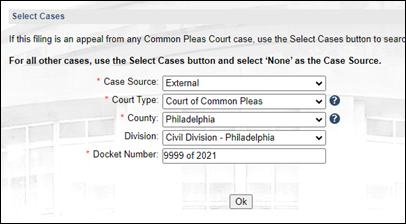 Searching for a Common Pleas Civil case in the Select Cases screen.